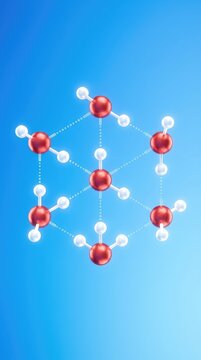 A scientific representation illustrating interconnected water molecules with atomic spheres on a blue gradient background for chemistry, illustration, molecular geometry, covalent