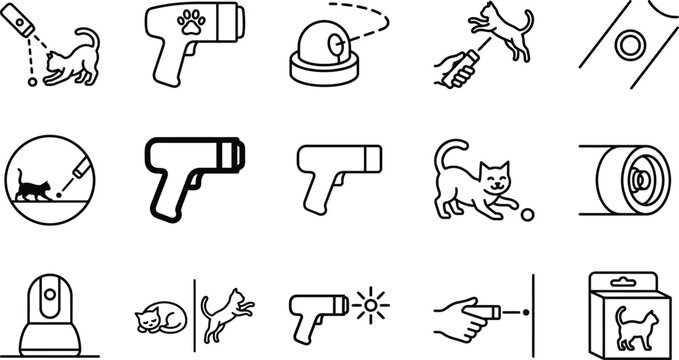 Cat laser toy vector graphic illustration set featuring various electronic pet devices on transparent background