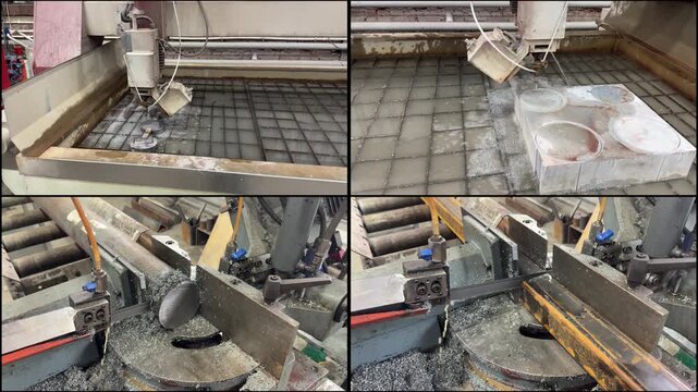 Split screen metalworking: CNC cutting and welding, sparks, machinery, industrial process, dual process view.