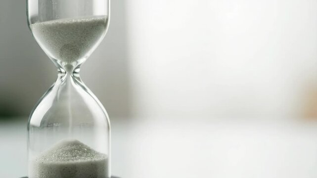 Close-up of white sand flowing through a glass hourglass. Time passing concept with copy space