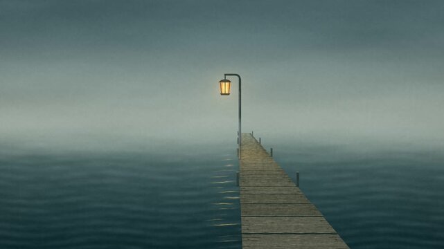 A warm lantern glows above a weathered wooden pier in drifting fog, with rippling reflections on dark water, seamless atmospheric background loop