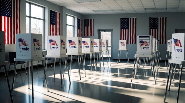 Empty polling station interior with rows of white voting booths. American flags hang on walls in US election room. Ballot stations stand ready for voters in civic center. Quiet atmosphere before