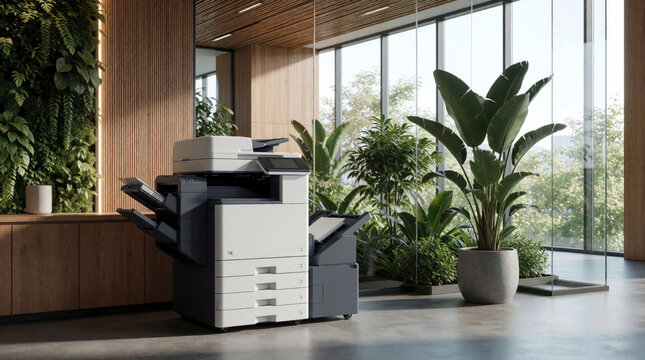 Modern multifunction printer stands in bright office workspace. Large copier machine sits near indoor plants, glass windows. Green vertical garden on wooden wall adds eco vibe to pro business