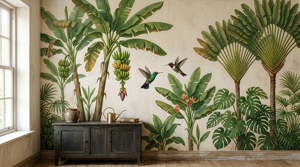 Fototapeta premium Hummingbirds flying near banana trees and exotic tropical plants in a bright room interior design