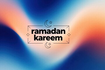 Fototapeta premium Abstract gradient background with blue orange colors. Ramadan Kareem text inside thin line frame with crescent moon, star symbols. Spiritual Islamic greeting card design for holy month celebration,