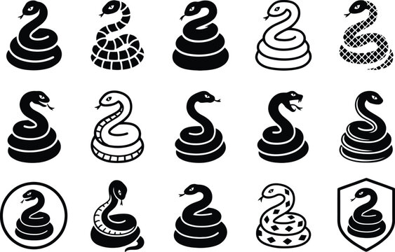 Snake icon set black viper python cobra silhouette coiled reptile symbol wild animal hazard logo design vector illustration isolated on white background