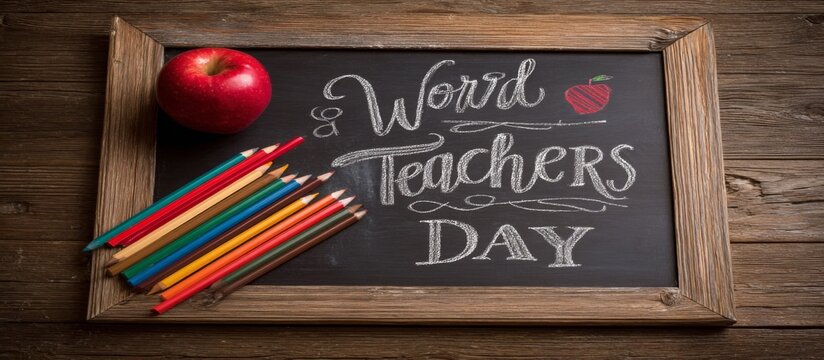 Chalkboard with "World Teachers Day" message,, and colorful pencils for education