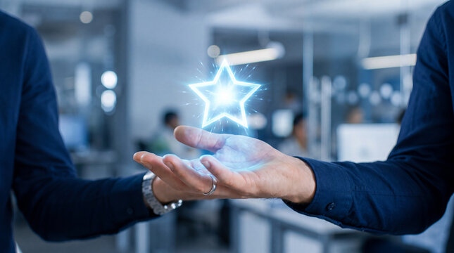Hands exchanging a glowing star in an office setting during working hours
