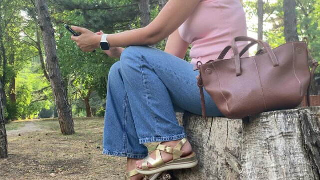 A woman sits on a tree stump while using her smartphone. Her brown handbag rests beside her in a sunlit park. The quiet break brings a calm and relaxed feeling.
