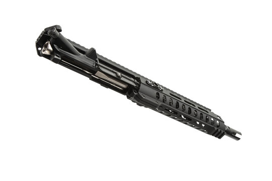 Black tactical rifle upper receiver isolated on white back.