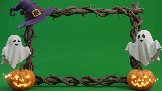 3d animation halloween frame with ghost and pumpkins on green screen.