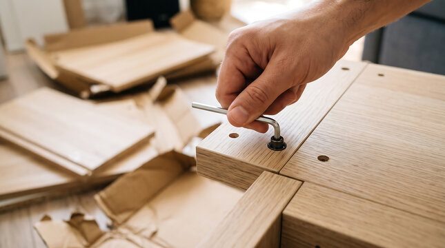 Hand using an allen key to assemble wooden furniture tightening a bolt on flat pack cabinet with cardboard packaging in background