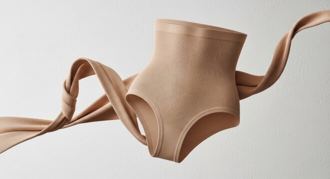 Shapewear high waisted brief floating in midair, showcasing beige compression fabric, seamless matching elastic band swirling on neutral textured studio wall background.
