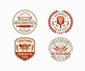 Obraz premium Fresh baked pizza badge logo set, Italian pizzeria emblem vector