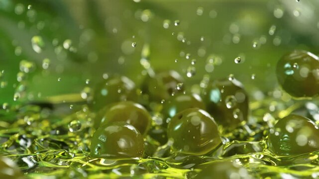 Super Slow Motion Shot of Olives Falling into Oil and Splashing at 1000fps.