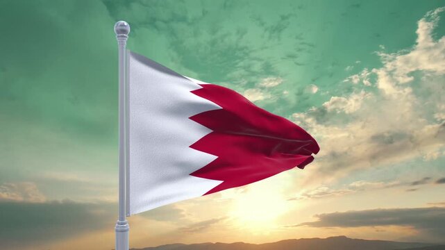 Bahrain Flag Waving on Flagpole Against Sunset Sky Realistic 3D Animation