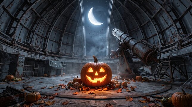 A glowing carved jack-o-lantern pumpkin rests on the floor of an abandoned dome observatory surrounded by fallen autumn leaves, cobwebs, and an old telescope under a cloudy night sky and crescent moon