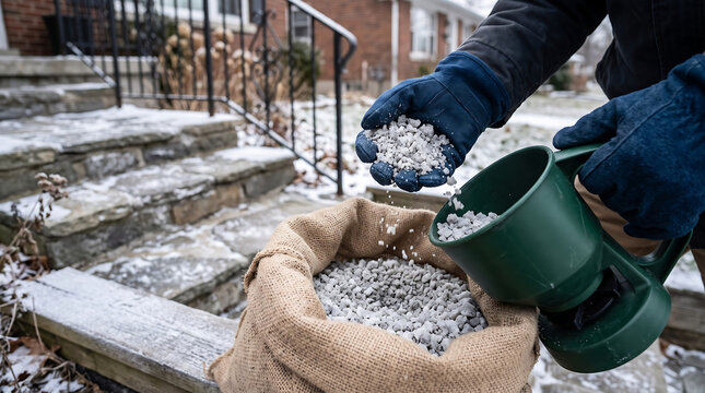 Gloved hand scooping rock salt from a burlap sack to spread on icy steps outside a house during winter snow season
