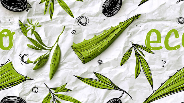 Seamless pattern of aloe and olive branches on a crumpled paper texture.