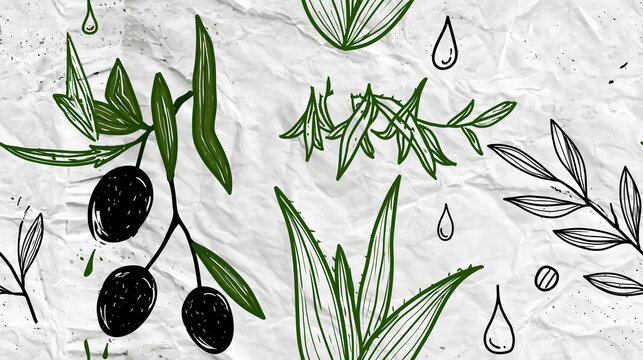 Seamless pattern of aloe and olive branches on a crumpled paper texture.