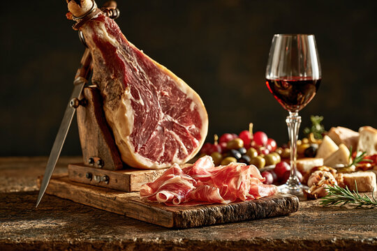 Spanish Jamon with Red Wine and Cheese Platter