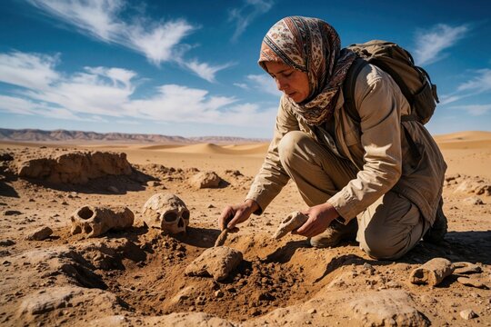 Young female archaeologist uncovers ancient human skull at desert excavation site. Scientist uses small tool to brush sand off fossil remains in dry wasteland. Pro woman performs historical research,