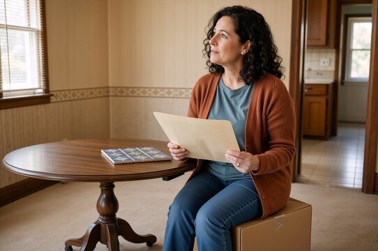 Mature woman holding documents sitting on cardboard box in empty room. Homeowner planning renovation or moving into new house