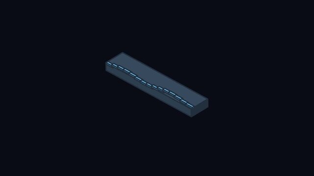 Isometric road animation with moving blue dashed line on dark surface