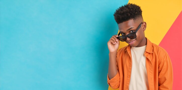 Cool teenage boy lowering sunglasses on colorful background with copy space. Youthful attitude and fashion portrait