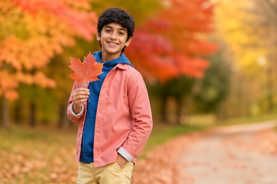 Happy boy holding fallen maple leaf in autumn park. Cheerful child enjoying fall season outdoors