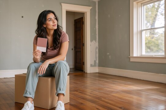 Young woman sitting on a moving box holding a pink paint swatch. Female homeowner planning interior decoration in an empty room. Home renovation and relocation concept