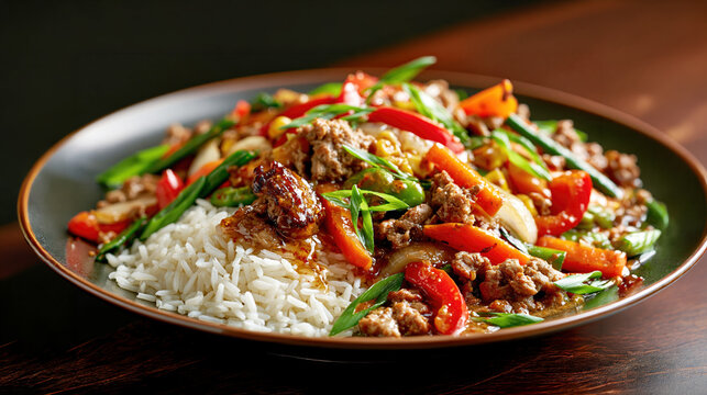 Ground Beef Stir Fry with Vegetables and Rice