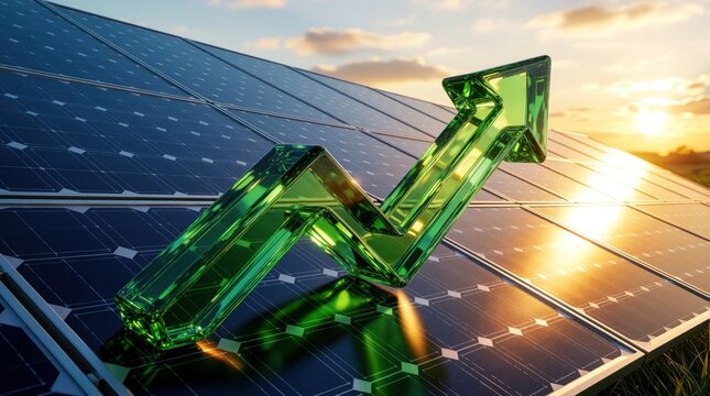 Green glass arrow goes up on solar panel surface. Rising graph shows renewable energy growth, profit. Sustainable electricity investment increases during sunny day. Eco tech industry experiences