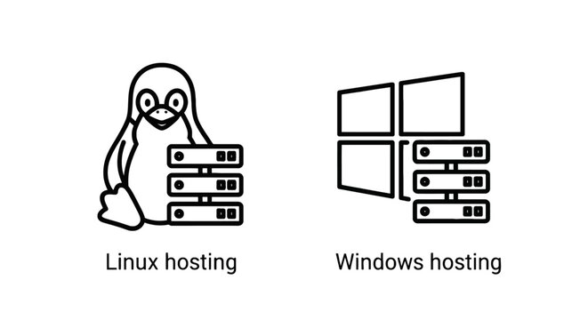 Linux hosting and hosting line icon set showing penguin mascot and window logo with server hardware racks web hosting server rack cloud server