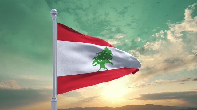 Lebanon Flag Waving on Flagpole Against Sunset Sky Realistic 3D Animation