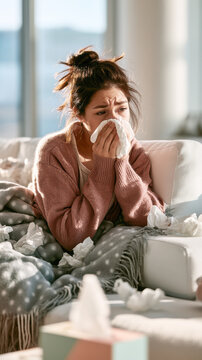 Sick Woman with Cold Resting at Home