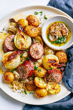 Sausage with Potatoes, Spring Onions and Mustard