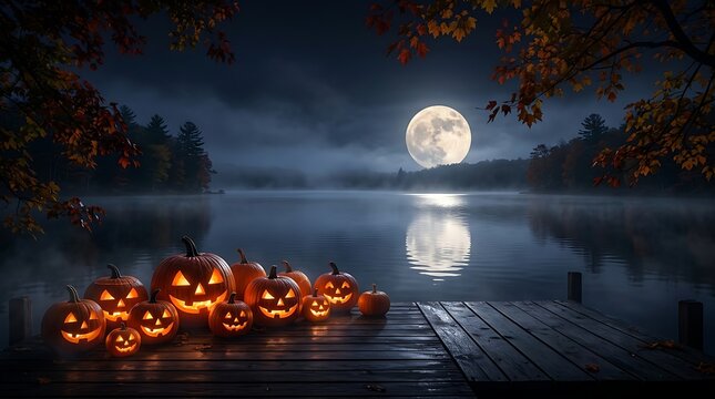Glowing jack o lanterns illuminated by warm candlelight arranged neatly upon wooden dock surface under night sky with full moon 