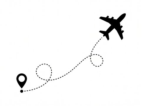 Black and white line illustration of airplane flight path with location pin