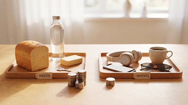 Needs and wants displayed on wooden trays featuring basic food items alongside modern luxury electronic gadgets and stacked silver coins