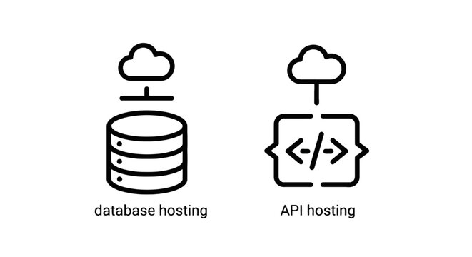 Database hosting and api hosting line art icons representing cloud technology solutions with server icon data storage web development network infra