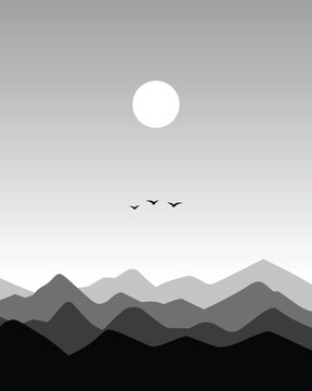 Minimalist Grayscale Mountain Landscape, Moon Flat Vector Illustration for Wall Art and Poster