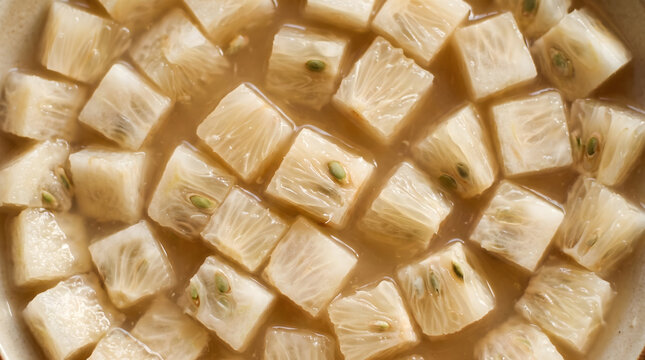 Diced rambai fruit chunks with seeds in natural juice top view macro food texture background