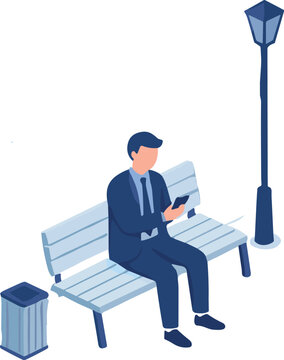 Isometric businessman in suit sitting on a park bench looking at smartphone next to street lantern post and trash bin