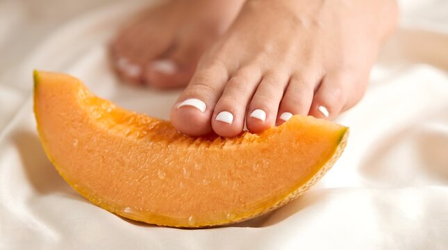 Macro view of clean female bare toes with white pedicured nails resting softly against a fresh juicy orange cantaloupe melon slice.