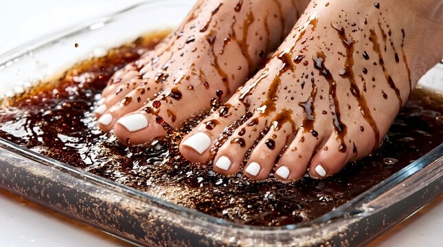 Macro shot of dark carbonated cola drink with rising fizz bubbles splashing against clean female bare feet on clear surface.