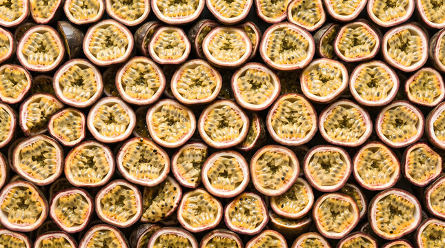 Fresh passion fruit half slices seamless pattern close up tropical food background