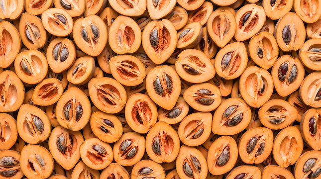 Seamless pattern of sliced mammee apple fruit halves with seeds flat lay top view macro background