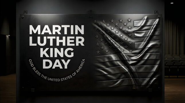 Martin luther king day celebration poster with a metal american flag design on a dark background