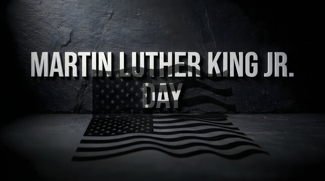 Martin luther king jr. day text with a waving american flag against a dark black background